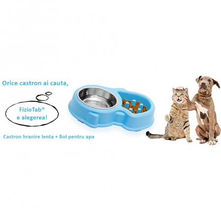 Set Castron 2 in 1, Hranire Lenta si Bol pentru Apa, FizioTab® si 2 Pungi Igienice, pentru Caini de Talie Mica si Medie, Albastru [8]