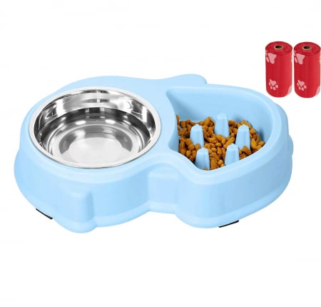 Set Castron 2 in 1, Hranire Lenta si Bol pentru Apa, FizioTab® si 2 Pungi Igienice, pentru Caini de Talie Mica si Medie, Albastru [0]