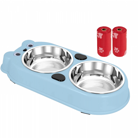 Castroane si boluri animale - Set Castron Hranire FizioTab® Panda cu 2 Boluri de Inox si 2 Pungi Igienice, pentru Pisici si Caini de Talie Mica, Albastru