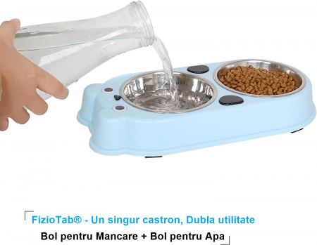 Set Castron Hranire FizioTab® Panda cu 2 Boluri de Inox si 2 Pungi Igienice, pentru Pisici si Caini de Talie Mica, Albastru [2]