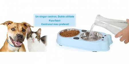 Set Castron Hranire FizioTab® Panda cu 2 Boluri de Inox si 2 Pungi Igienice, pentru Pisici si Caini de Talie Mica, Albastru [1]