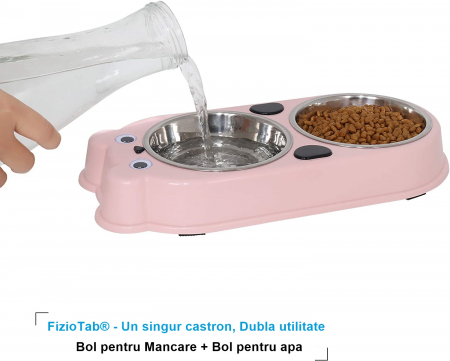 Set Castron Hranire FizioTab® Panda cu 2 Boluri de Inox si 2 Pungi Igienice, pentru Pisici si Caini de Talie Mica, Roz [1]