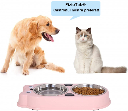 Set Castron Hranire FizioTab® Panda cu 2 Boluri de Inox si 2 Pungi Igienice, pentru Pisici si Caini de Talie Mica, Roz [2]