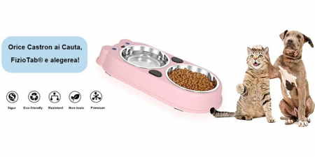Set Castron Hranire FizioTab® Panda cu 2 Boluri de Inox si 2 Pungi Igienice, pentru Pisici si Caini de Talie Mica, Roz [6]