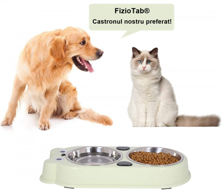 Set Castron Hranire FizioTab® Panda cu 2 Boluri de Inox si 2 Pungi Igienice, pentru Pisici si Caini de Talie Mica, Verde [2]
