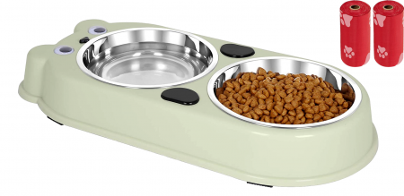 Castroane si boluri animale - Set Castron Hranire FizioTab® Panda cu 2 Boluri de Inox si 2 Pungi Igienice, pentru Pisici si Caini de Talie Mica, Verde