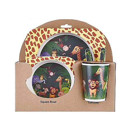 Bebe&Copii - Set de masa si tacamuri pentru copii din fibra de bambus, farfurie 2 compartimente, FizioTab Kids, Animale