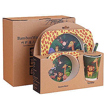 Set de masa si tacamuri pentru copii din fibra de bambus, farfurie 2 compartimente, FizioTab Kids, Animale [1]