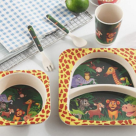 Set de masa si tacamuri pentru copii din fibra de bambus, farfurie 2 compartimente, FizioTab Kids, Animale [2]