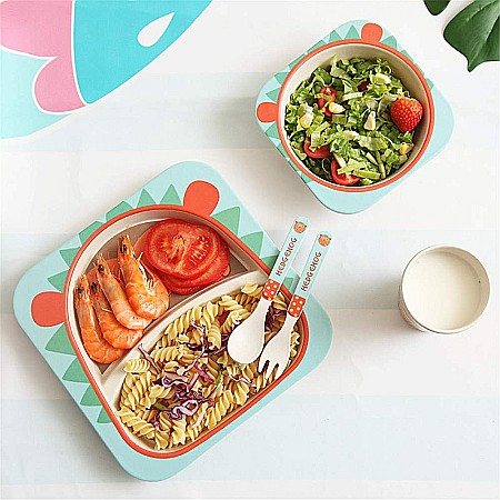 Set de masa si tacamuri pentru copii din fibra de bambus, farfurie 2 compartimente, FizioTab Kids, Arici [6]