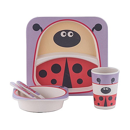 Bebe&Copii - Set de masa si tacamuri pentru copii din fibra de bambus, farfurie 2 compartimente, FizioTab Kids, Buburuza