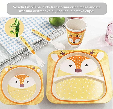 Set de masa si tacamuri pentru copii din fibra de bambus, farfurie 2 compartimente, FizioTab Kids, Caprioara [4]