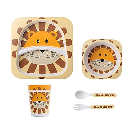 Set de masa si tacamuri pentru copii din fibra de bambus, farfurie 2 compartimente, FizioTab Kids, Leu [7]