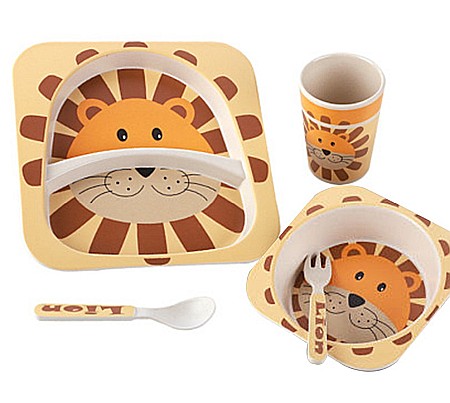 Set de masa si tacamuri pentru copii din fibra de bambus, farfurie 2 compartimente, FizioTab Kids, Leu [9]