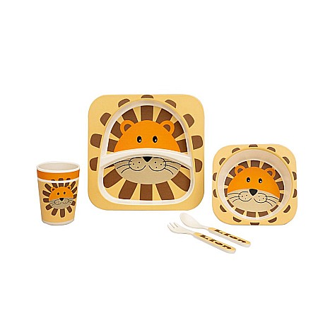 Bebe&Copii - Set de masa si tacamuri pentru copii din fibra de bambus, farfurie 2 compartimente, FizioTab Kids, Leu