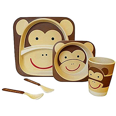 Bebe&Copii - Set de masa si tacamuri pentru copii din fibra de bambus, farfurie 2 compartimente, FizioTab Kids, Maimuta