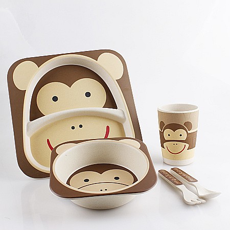 Set de masa si tacamuri pentru copii din fibra de bambus, farfurie 2 compartimente, FizioTab Kids, Maimuta [4]