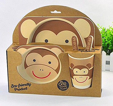 Set de masa si tacamuri pentru copii din fibra de bambus, farfurie 2 compartimente, FizioTab Kids, Maimuta [1]