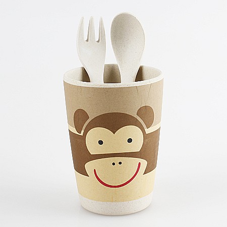 Set de masa si tacamuri pentru copii din fibra de bambus, farfurie 2 compartimente, FizioTab Kids, Maimuta [7]