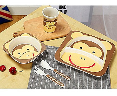 Set de masa si tacamuri pentru copii din fibra de bambus, farfurie 2 compartimente, FizioTab Kids, Maimuta [2]