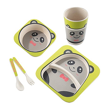 Bebe&Copii - Set de masa si tacamuri pentru copii din fibra de bambus, farfurie 2 compartimente, FizioTab Kids, Panda