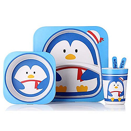 Bebe&Copii - Set de masa si tacamuri pentru copii din fibra de bambus, farfurie 2 compartimente, FizioTab Kids, Pinguin