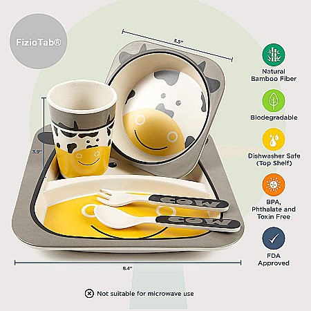 Set de masa si tacamuri pentru copii din fibra de bambus, farfurie 2 compartimente, FizioTab Kids, Vacuta [2]