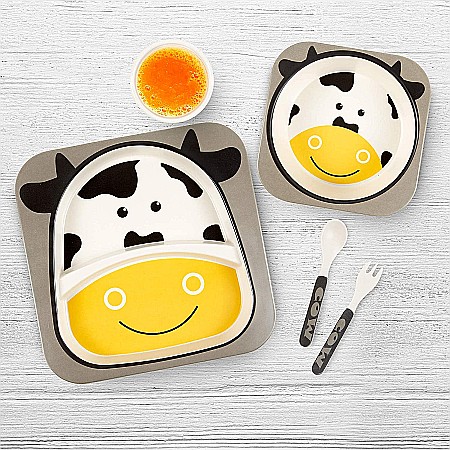 Set de masa si tacamuri pentru copii din fibra de bambus, farfurie 2 compartimente, FizioTab Kids, Vacuta [6]