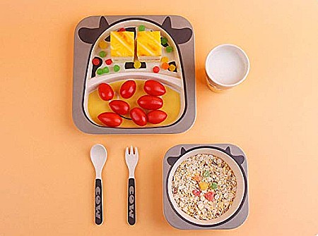 Set de masa si tacamuri pentru copii din fibra de bambus, farfurie 2 compartimente, FizioTab Kids, Vacuta [7]