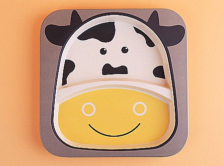 Set de masa si tacamuri pentru copii din fibra de bambus, farfurie 2 compartimente, FizioTab Kids, Vacuta [8]