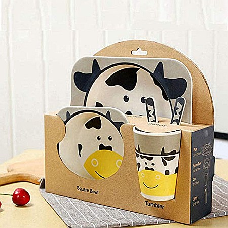 Set de masa si tacamuri pentru copii din fibra de bambus, farfurie 2 compartimente, FizioTab Kids, Vacuta [3]