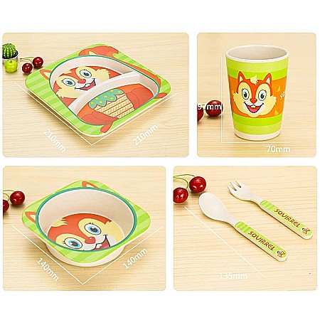 Set de masa si tacamuri pentru copii din fibra de bambus, farfurie 2 compartimente, FizioTab Kids Veverita [5]