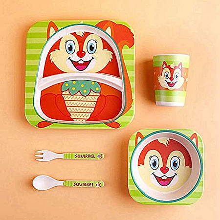 Set de masa si tacamuri pentru copii din fibra de bambus, farfurie 2 compartimente, FizioTab Kids Veverita [1]