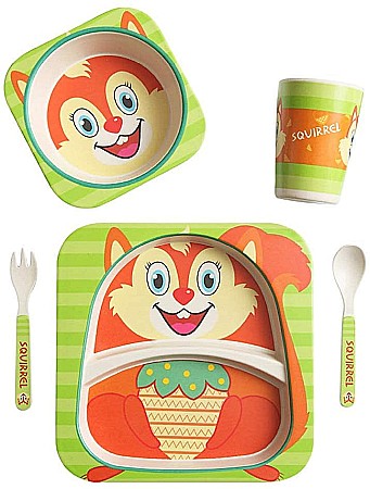 Set de masa si tacamuri pentru copii din fibra de bambus, farfurie 2 compartimente, FizioTab Kids Veverita [7]