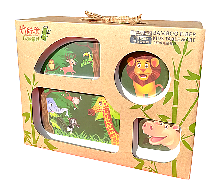 Bebe&Copii - Set de masa si tacamuri pentru copii din fibra de bambus, farfurie 4 compartimente, FizioTab Kids, Animale