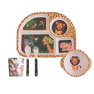 Set de masa si tacamuri pentru copii din fibra de bambus, farfurie 4 compartimente, FizioTab Kids, Animale [2]