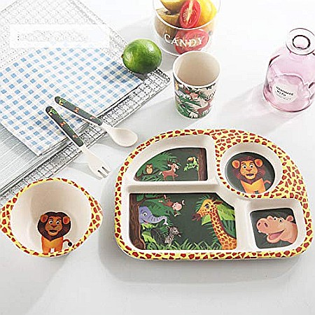 Set de masa si tacamuri pentru copii din fibra de bambus, farfurie 4 compartimente, FizioTab Kids, Animale [1]