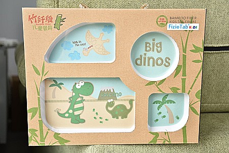 Set de masa si tacamuri pentru copii din fibra de bambus, farfurie 4 compartimente, FizioTab Kids, Big Dinos [3]