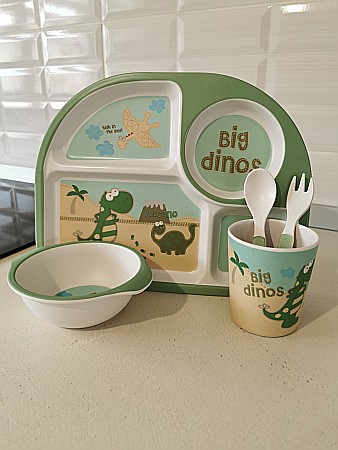 Set de masa si tacamuri pentru copii din fibra de bambus, farfurie 4 compartimente, FizioTab Kids, Big Dinos [1]