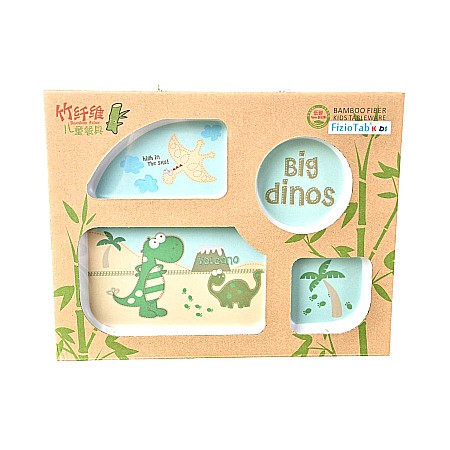 Bebe&Copii - Set de masa si tacamuri pentru copii din fibra de bambus, farfurie 4 compartimente, FizioTab Kids, Big Dinos