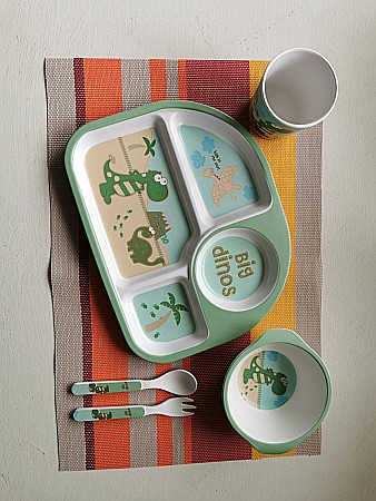 Set de masa si tacamuri pentru copii din fibra de bambus, farfurie 4 compartimente, FizioTab Kids, Big Dinos [2]