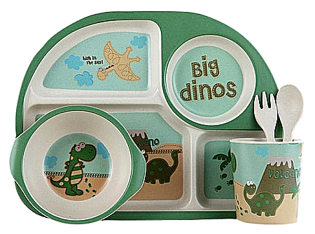 Set de masa si tacamuri pentru copii din fibra de bambus, farfurie 4 compartimente, FizioTab Kids, Big Dinos [4]