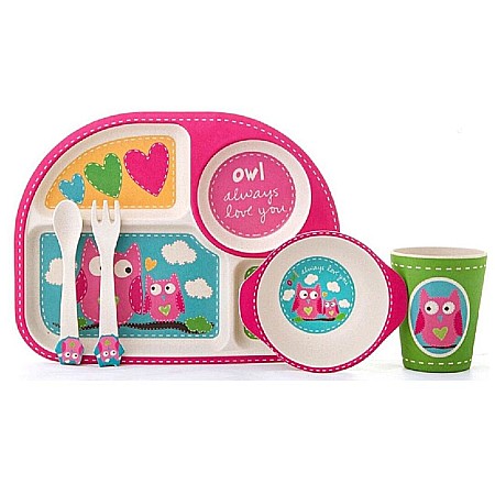 Bebe&Copii - Set de masa si tacamuri pentru copii din fibra de bambus, farfurie 4 compartimente, FizioTab Kids, Bufnita