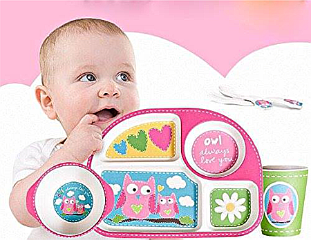 Set de masa si tacamuri pentru copii din fibra de bambus, farfurie 4 compartimente, FizioTab Kids, Bufnita [2]