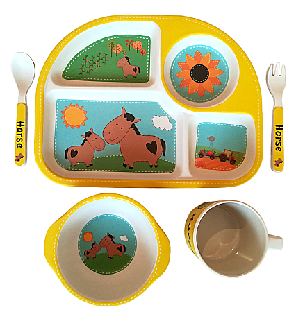 Bebe&Copii - Set de masa si tacamuri pentru copii din fibra de bambus, farfurie 4 compartimente, FizioTab Kids, Cal