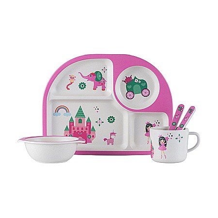 Bebe&Copii - Set de masa si tacamuri pentru copii din fibra de bambus, farfurie 4 compartimente, FizioTab Kids, Castel