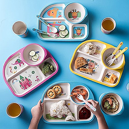 Set de masa si tacamuri pentru copii din fibra de bambus, farfurie 4 compartimente, FizioTab Kids, Castel [2]