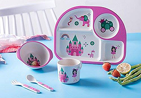 Set de masa si tacamuri pentru copii din fibra de bambus, farfurie 4 compartimente, FizioTab Kids, Castel [1]