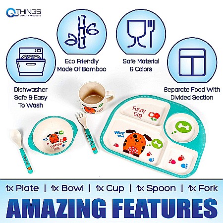 Set de masa si tacamuri pentru copii din fibra de bambus, farfurie 4 compartimente, FizioTab Kids, Catel [1]