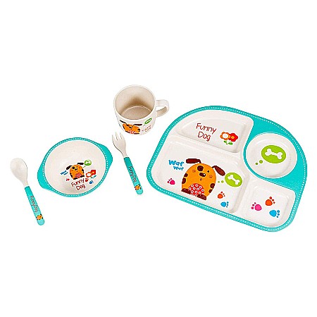 Bebe&Copii - Set de masa si tacamuri pentru copii din fibra de bambus, farfurie 4 compartimente, FizioTab Kids, Catel